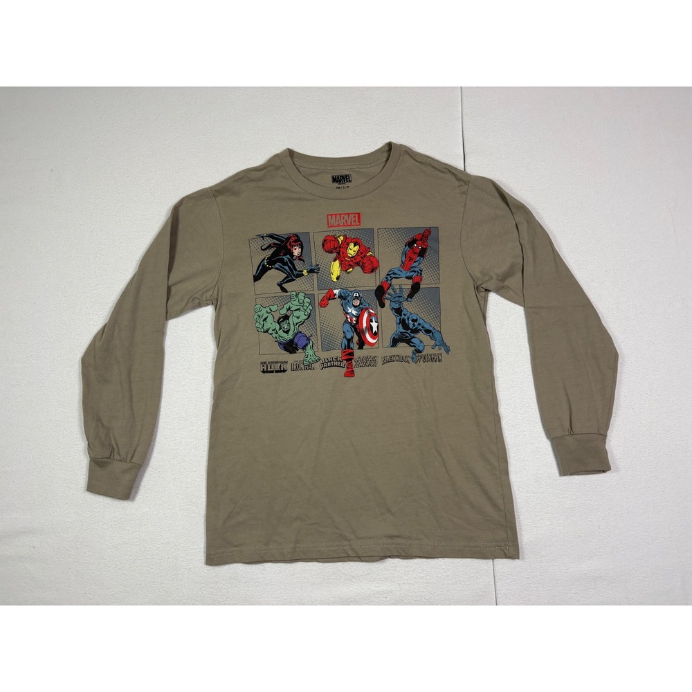 Marvel Avengers Graphic Long Sleeve T-Shirt Mens Small Brown Comic Characters
